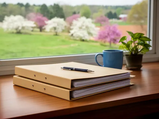 A neat stack of closed manila folders and a pen on a desk by a window.