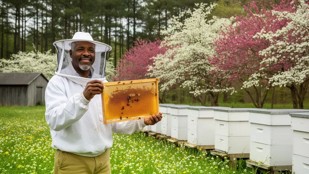 A smiling beekeeper holding up a frame of capped honeycomb beside white hives under blooming dogwoods and redbuds.
