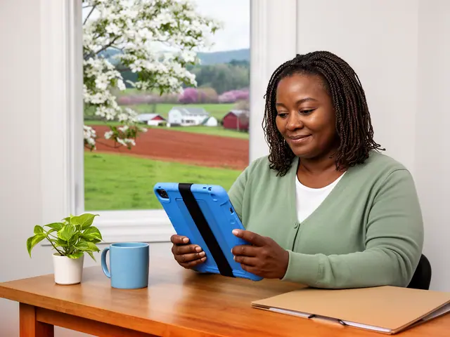 A woman with shoulder-length braids reviewing a tablet at a desk in a small back office.