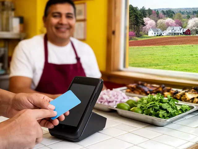 A customer taps a light-blue card on a counter terminal at a taqueria with grilled meats, limes and cilantro.