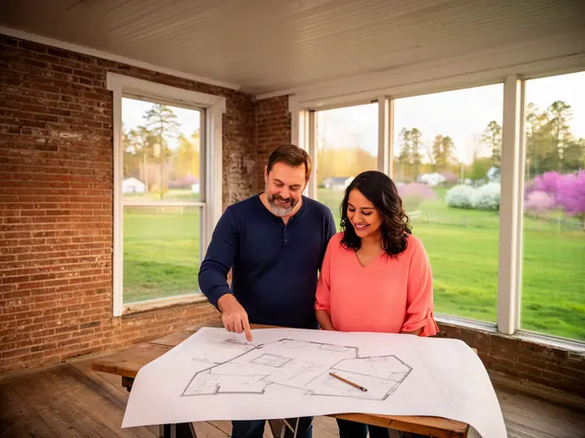 Two business partners looking over a pencil floor sketch in an empty storefront.