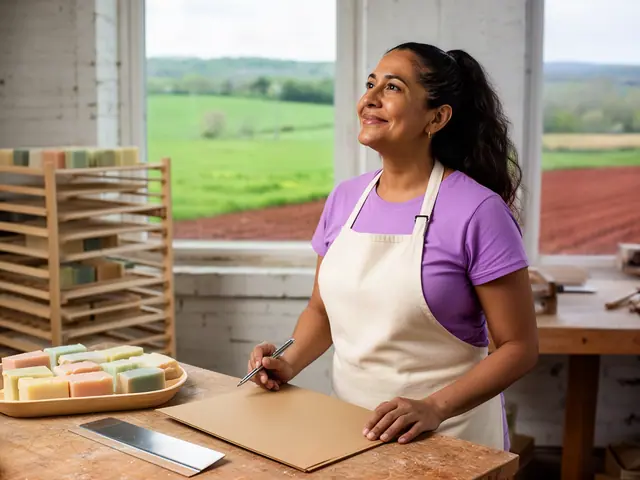 A smiling soap maker in a cream apron at a worktable with bars of handmade soap and a closed folder.
